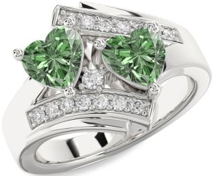 Green Diamond Silver Two Heart Ring