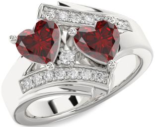 Diamond Emerald Silver Two Heart Birthstone Ring