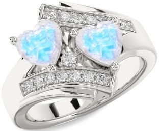 Diamond Emerald Silver Two Heart Birthstone Ring