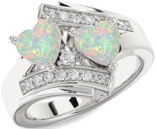 Diamond Emerald Silver Two Heart Birthstone Ring