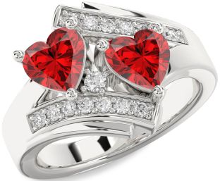 Diamond Emerald Silver Two Heart Birthstone Ring