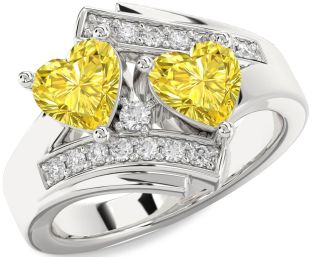 Yellow Diamond Silver Two Heart Ring