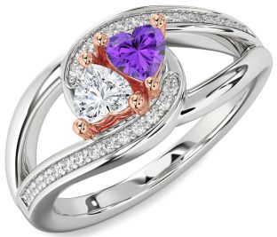 Diamond Silver & 10K Rose Gold Two Heart Promise Ring