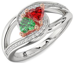 Diamond Emerald Silver & 10K Rose Gold Two Heart Birthstone Ring