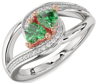 Diamond Emerald White Rose Gold Two Heart Birthstone Ring