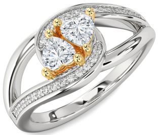 Diamond White Yellow Gold Two Heart Ring