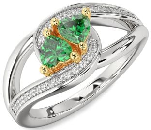 Diamond Emerald Silver & 10K gold Two Heart Birthstone Ring