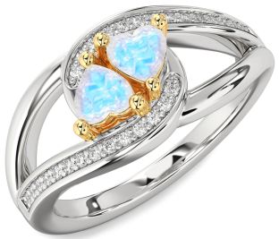 Diamond Moonstone Gold Silver Two Heart Ring