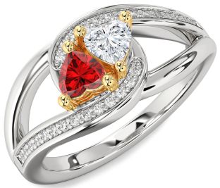 Diamond Emerald Silver & 10K gold Two Heart Birthstone Ring