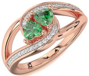 Diamond Emerald Rose Gold Two Heart Birthstone Ring
