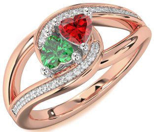 Diamond Emerald White Rose Gold Two Heart Birthstone Ring