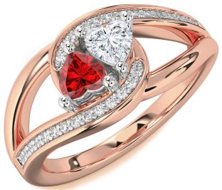 Diamond Emerald White Rose Gold Two Heart Birthstone Ring