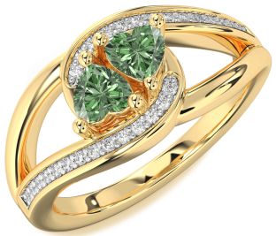 Green Diamond Gold Silver Two Heart Ring