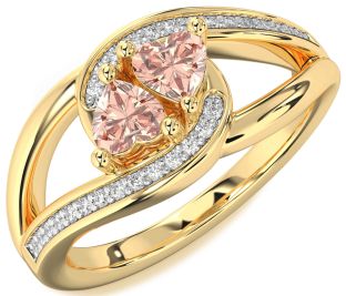 Diamond Morganite Gold Silver Two Heart Ring