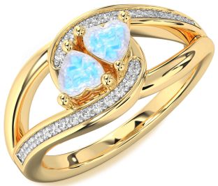 Diamond Moonstone Gold Silver Two Heart Ring
