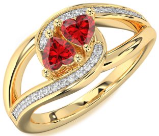 Diamond Emerald Gold Two Heart Birthstone Ring