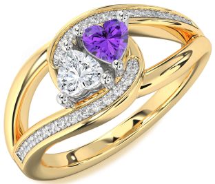 Diamond White Yellow Gold Two Heart Promise Ring