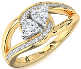 Diamond White Yellow Gold Two Heart Ring