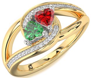 Diamond Emerald Platinum & Yellow Gold Two Heart Birthstone Ring