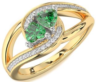 Diamond Emerald White Yellow Gold Two Heart Birthstone Ring