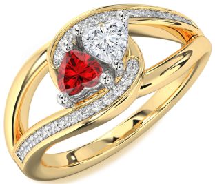 Diamond Emerald Platinum & Yellow Gold Two Heart Birthstone Ring