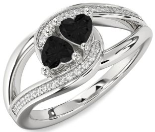 Black Diamond Silver Two Heart Ring