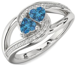 Blue Diamond Silver Two Heart Ring