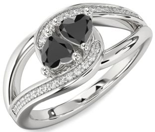 Diamond Black Onyx Silver Two Heart Ring