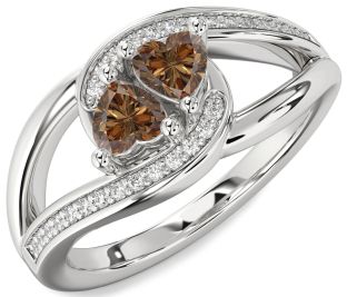 Chocolate Brown Diamond Silver Two Heart Ring