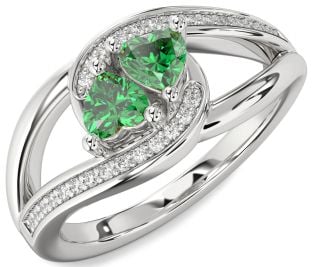 Diamond Emerald Silver Two Heart Birthstone Ring