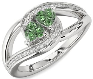Green Diamond Silver Two Heart Ring