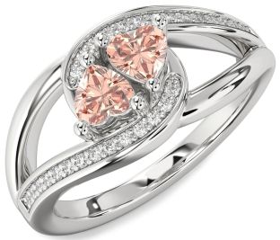 Diamond Morganite Silver Two Heart Ring