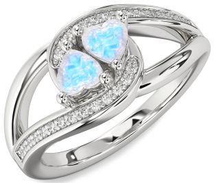 Diamond Emerald Silver Two Heart Birthstone Ring