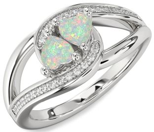 Diamond Emerald Silver Two Heart Birthstone Ring