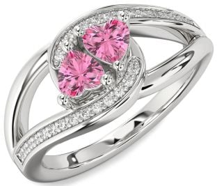 Diamond Pink Sapphire Silver Two Heart Ring