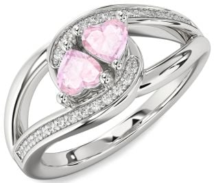 Diamond Rose Quartz Silver Two Heart Ring