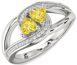 Yellow Diamond Silver Two Heart Ring