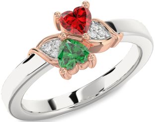Diamond Silver & 10K Rose Gold Two Heart Promise Ring