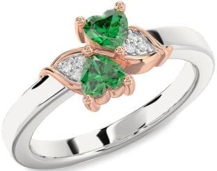 Diamond Emerald Silver & 10K Rose Gold Two Heart Birthstone Ring