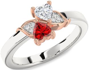 Diamond Emerald Silver & 10K Rose Gold Two Heart Birthstone Ring