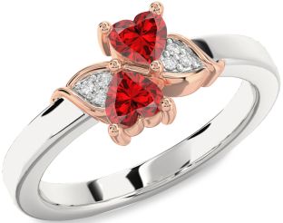 Diamond Emerald Silver & 10K Rose Gold Two Heart Birthstone Ring