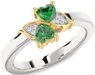 Diamond Emerald Platinum & Yellow Gold Two Heart Birthstone Ring