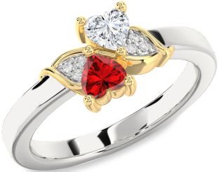 Diamond Emerald Silver & 10K gold Two Heart Birthstone Ring