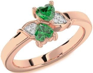 Diamond Emerald Rose Gold Two Heart Birthstone Ring