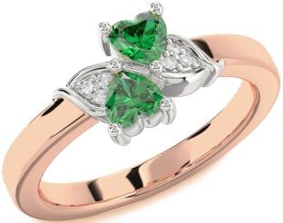 Diamond Emerald Platinum & Rose Gold Two Heart Birthstone Ring