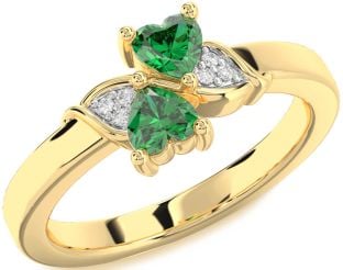 Diamond Emerald Gold Two Heart Birthstone Ring