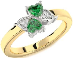 Diamond Emerald Platinum & Yellow Gold Two Heart Birthstone Ring