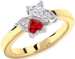 Diamond Emerald Platinum & Yellow Gold Two Heart Birthstone Ring