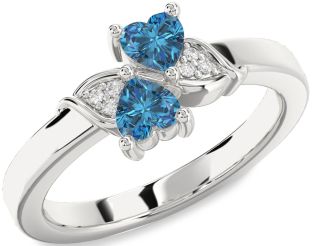 Blue Diamond Silver Two Heart Ring