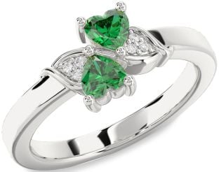 Diamond Emerald Silver Two Heart Birthstone Ring